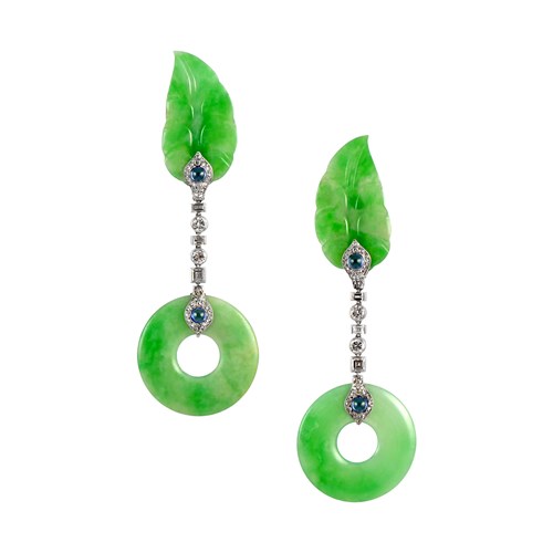 Pair of mid-20th century jadeite jade, diamond and sapphire pendant earrings, hung with circular jade 'bi' disc, from jade leaf panel tops,